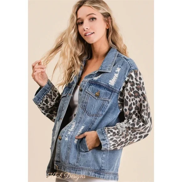 ❤️LAST 1! Distressed Denim Leopard Accent Button Front Jacket! - Picture 2 of 9